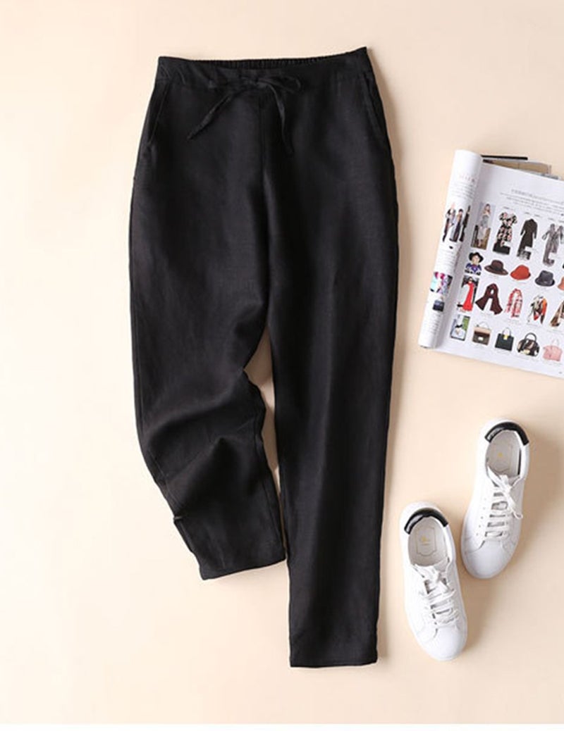 IXIMO Women's Tapered Pants 100% Linen Drawstring Back Elastic Waist Pants Trousers with Pockets Black M - Image 2
